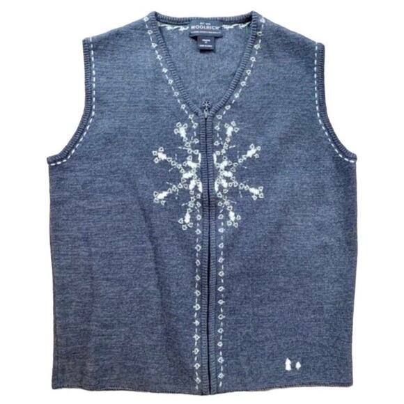 Woolrich Vintage Charcoal Heather Embroidered Zip Wool Blend Knitted Vest sz Med - Picture 1 of 9